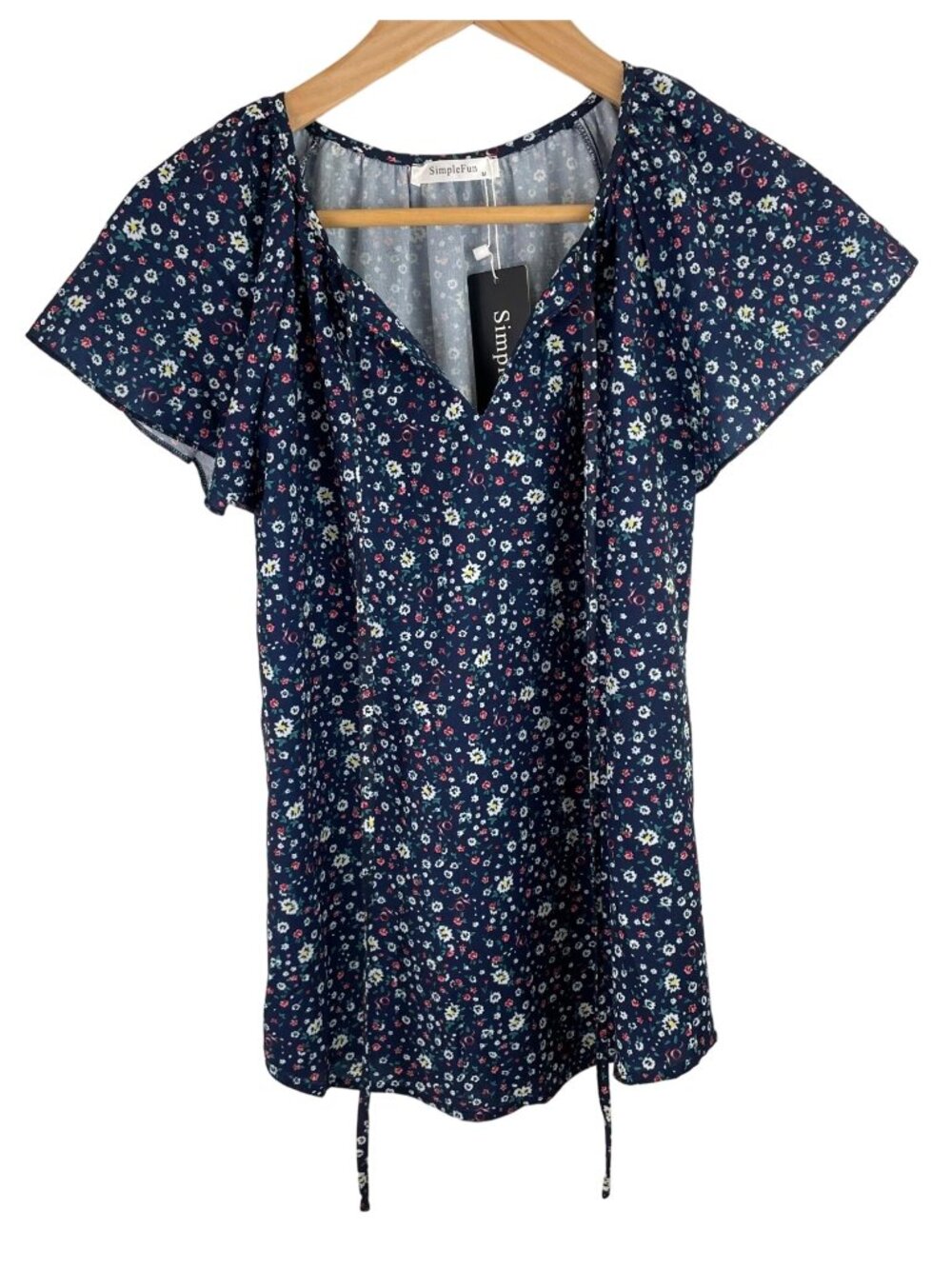 Simple Fun Womens Size Medium Blue Floral Boho Blouse Shirt Ruffled Sleeves